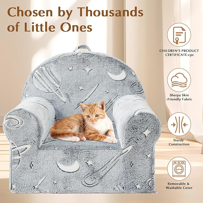 Toddler Chair Sherpa Couch Sherpa Kids Chair, Cuddly Comfy Toddler Plush Chair Toddler Couch Reading Chair for Kids Glow in The Dark Starry Sky Grey