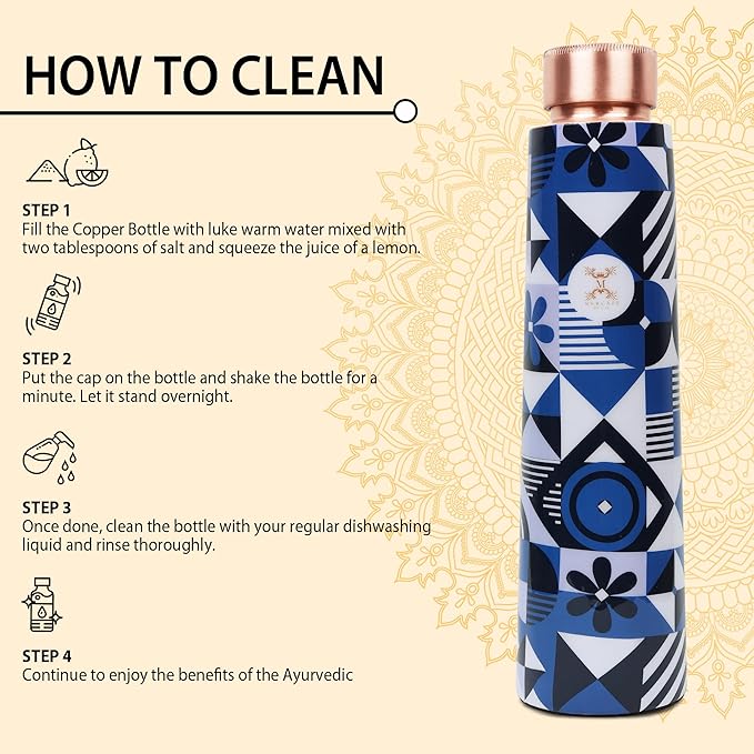 Pure Copper Water Bottle Experience the Benefits of MERCAPE® Pure Copper Water Bottle - Joint Less, Leak Proof (900ml)