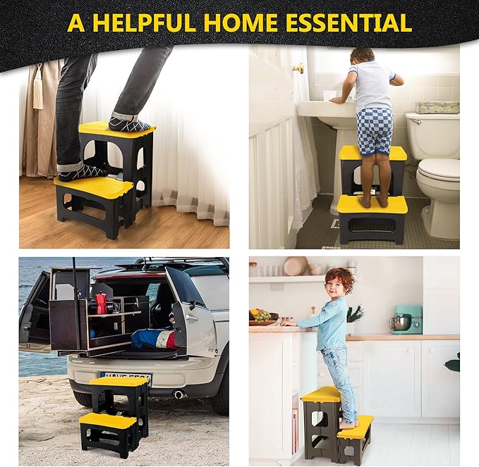 Folding 2-Step Stool, Non-Slip Portable Footstool 8" & 17" Dual Heights, Holds 300 lbs, Portable Footstool for Kitchen Home Toilet Bedroom Office Bathroom RV(Yellow)