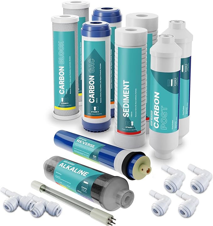 NU Aqua Reverse Osmosis Water Filter System Replacement Set - 7 Stage 1 Year Alkaline & UV Under Sink Kit - Membrane, Sediment, Carbon Filters, Parts & Fittings - Universal RO Filtration Cartridge