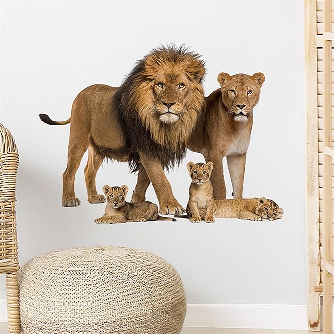 Lion Wall Decals, Vinyl Removable 3D Stickers for Bedroom Nursery Decor - Peel and Stick Cute Baby Girl Boy Toddler Kids Room Art Decoration, Woodland Forest Safari Jungle Mural Waterproof