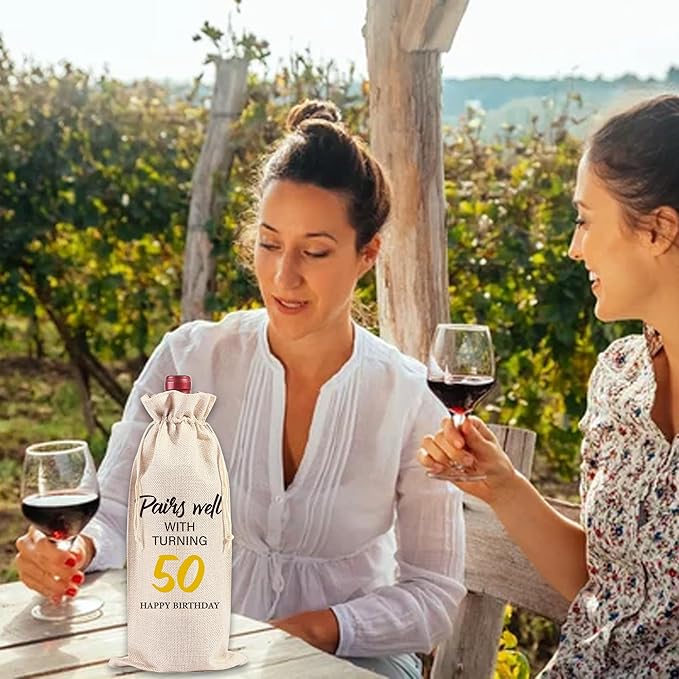 Funny Birthday Wine Bag Gifts - 50th Birthday Gifts 50th Birthday Gift Ideas for Women Men Birthday Gift Red Wine Bag Birthday Party Decor Drawstring Burlap Wine Bottle Bag