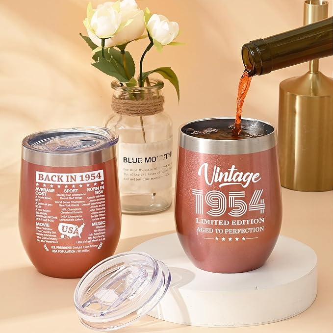 Lifecapido 70th Birthday Gifts for Women, Vintage 1954 Limited Edition Insulated Wine Tumbler with Wine Bag, 70 Year Old 70th Birthday Presents Christmas Gifts for Mom Grandma Wine Lover, 12 oz