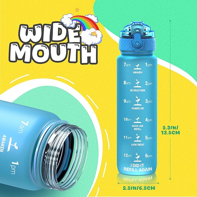 OLDLEY Kids Water Bottle for School, 17 oz (2 lids) BPA-Free Reusable Leak-proof Durable Tritan Plastic Water Bottles with Straw & Chug Lids, Anti-dust Spout Cover (Blue)