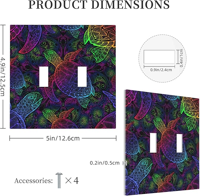 Multicolor Colors Sea Turtle Double Toggle Light Switch Covers 2 Gang Wall Plate Dual Decorative Switchplate Electrical Faceplate for Bathroom Country Kitchen Bedroom Decor, 4.9" x 5"
