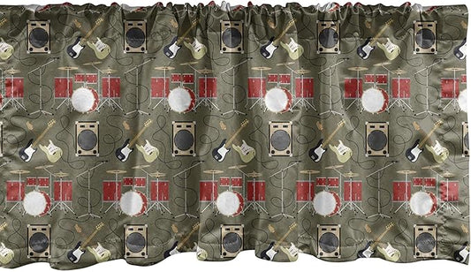 Ambesonne Music Window Valance, Rock and Roll Theme with Electric Guitars Drums and Amplifiers Melody Audio, Curtain Valance for Kitchen Bedroom Decor with Rod Pocket, 54" X 12", Army Green and Red