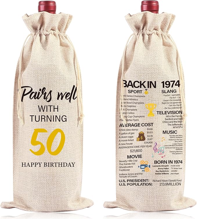 Funny Birthday Wine Bag Gifts - 50th Birthday Gifts 50th Birthday Gift Ideas for Women Men Birthday Gift Red Wine Bag Birthday Party Decor Drawstring Burlap Wine Bottle Bag
