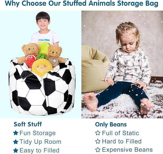 Lukeight Stuffed Animal Storage Bean Bag Chair Cover for Kids, Soccer Zipper Beanbag Chair Cover for Organizing Toddler and Kids' Rooms Plush Toys (Soccer Velvet, XX-Large)