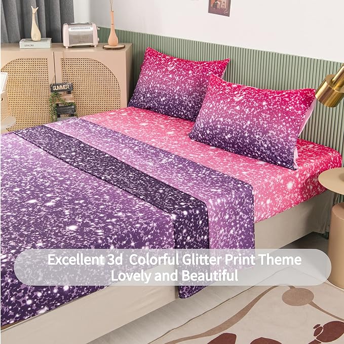 RYNGHIPY 3D Glitter Bed Sheet Set for Kids Teens Girls Women, Pink and Purple Rainbow Fitted Sheet & Pillowcase, Glitter Print Bedding Collections (Purple Pink,Full)
