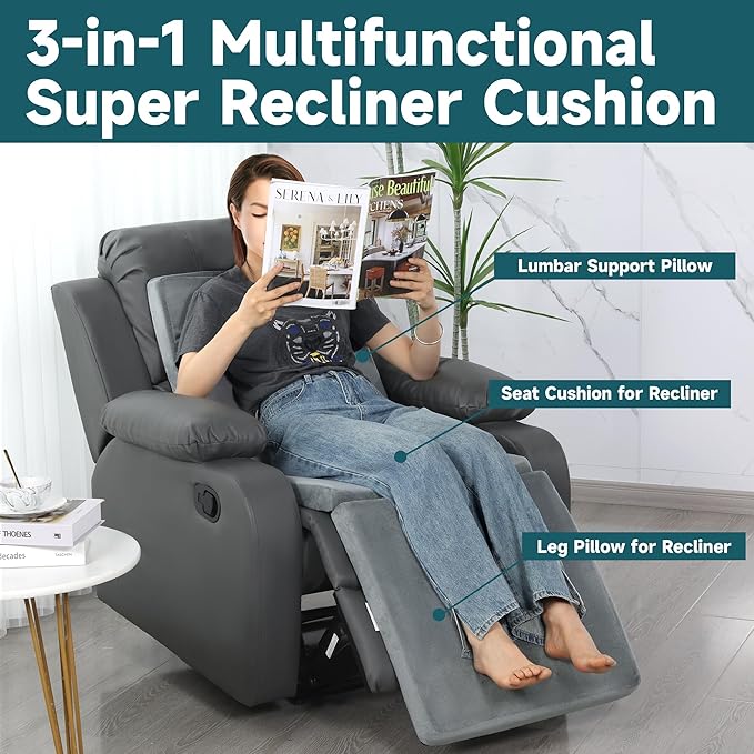 HOMBYS 3-in-1 Recliner Seat Cushion with Lumbar Support Pillow & Footrest, Multi-Functional Adjustable Height 2" to 6" for You to Choose, Non-Slip Memory Foam Chair Cushion for Elderly, Light Grey