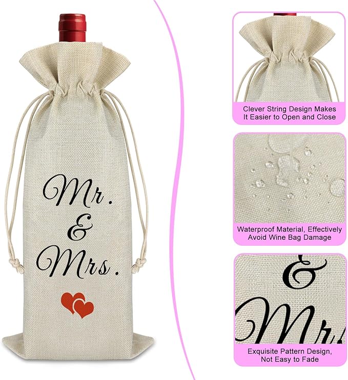 Gfhzdmf Mr and Mrs Wine Bag Married Ornament Wine Gift Bag Newlywed Gifts for Couple Engagement Wedding Christmas Gift for Wife Husband Drawstring Burlap Wine Wrap Bag Valentine's Gift for Couple