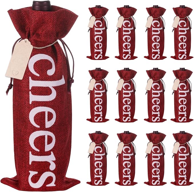 SIRIPHUM Burlap Wine Bags and Gift Tags, Wine Bottle Gift Bags with Drawstrings,Wine Bags Gift for Travel, Wedding, Holiday Party,Birthdays,Housewarming and Dinner Party (Red-12PCS)