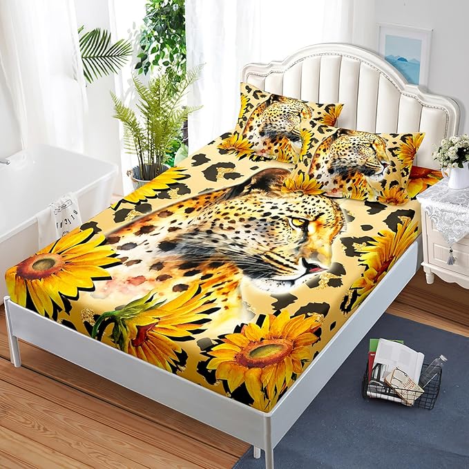 AILONEN Leopard Fitted Sheet Set for Boys, 3 Pieces Full Yellow Sunflower and Animal Cheetah Leopard Printed Fitted Sheet Set for Kids Adults,1 Fitted Sheet with 2 Pillowcases