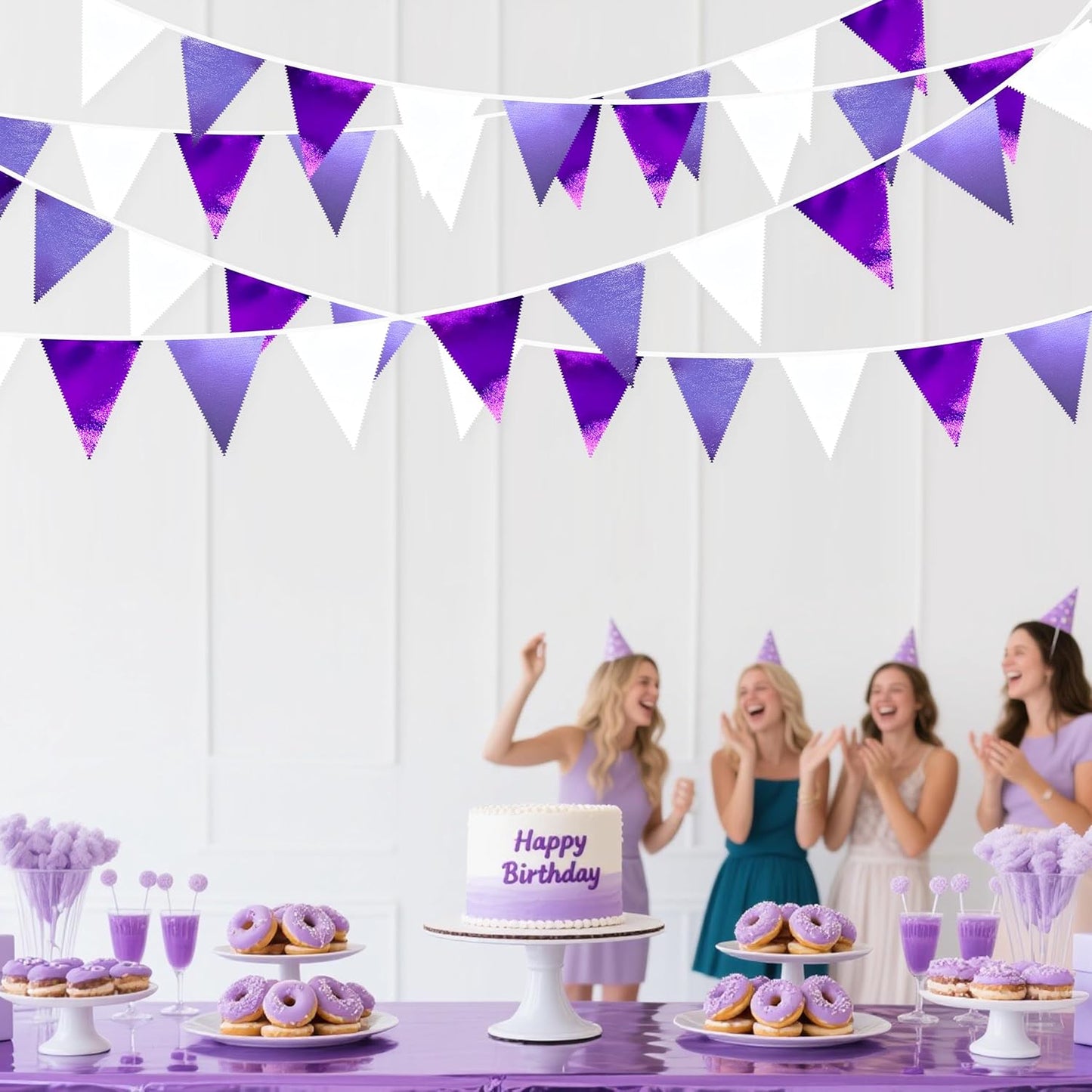Purple and White Party Decorations Metallic Fabric Ombre Purple White Triangle Pennant Banner Flag Bunting for Graduation Birthday Engagement Wedding Bachelorette Lavender Lilac Violet Party Supplies