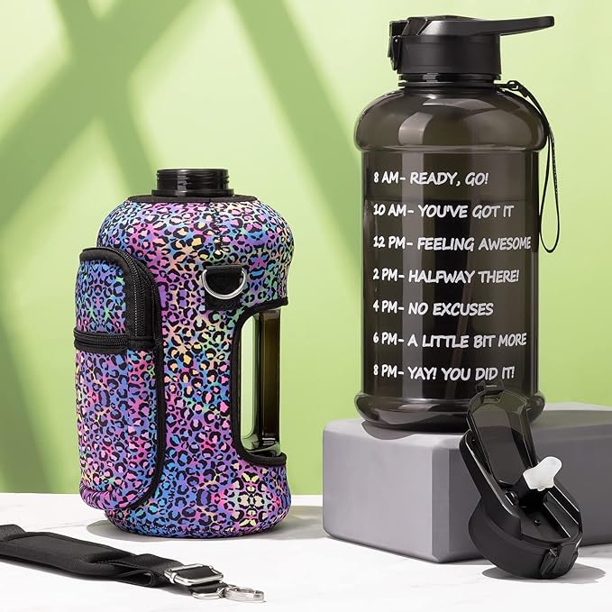 Fimibuke Half Gallon Water Bottle with Sleeve 64 OZ Water Bottle with Handle & Straw Leakproof Motivational Sports Gym Water Bottle with Time Marker BPA Free Water Jug with Reusable Neoprene Holder