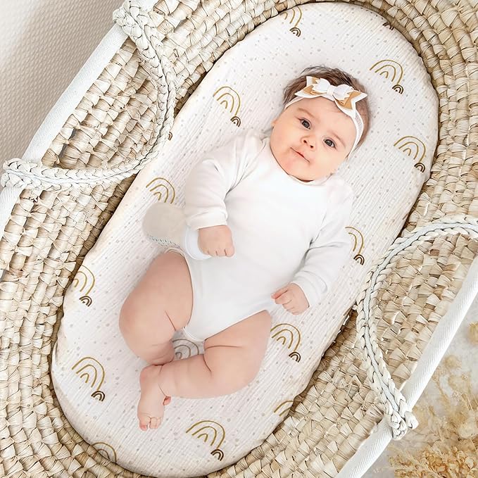 Muslin Bassinet Sheets Baby: Cotton Bassinet Sheets Fitted for Boys and Girls - Bassinet Sheets for Oval Rectangle or Hourglass Mattress(Khaki Rainbow)