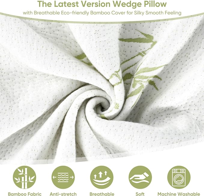Wedge Pillow for Sleeping After Surgery 7.5" Bed Wedge Pillow with Memory Foam Top, Help with Acid Reflux Heartburn Snore Back Leg Knee Pain, Soft Comfortable, Breathable Durable, Bamboo Cooling Cover