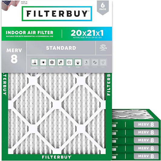Filterbuy 20x21x1 Air Filter MERV 8 Dust Defense (6-Pack), Pleated HVAC AC Furnace Air Filters Replacement (Actual Size: 19.50 x 20.50 x 0.75 Inches)