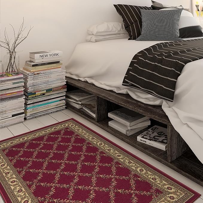 Ottomanson Machine Washable Trellis Design Non-Slip Rubberback 5x7 Modern Area Rug for Living Room, Bedroom, Dining Room, Office, 5' x 6'6", Red Trellis