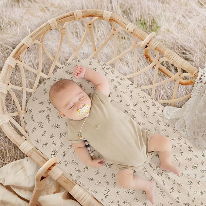 Muslin Bassinet Sheets Baby: Cotton Bassinet Sheets Fitted for Boys and Girls - Bassinet Sheets for Oval Rectangle or Hourglass Mattress(Autumn Leaf)