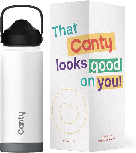 Canty Stainless Steel Water Bottle with Straw, Anti-Slip Base and Giftable Full Colored Box, Great for Travel (Pearl White, 24 Oz)
