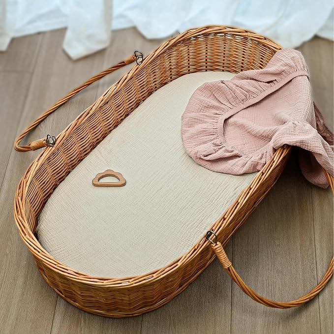 Muslin Bassinet Fitted Sheets, 2 Pack for Baby Boy and Girl, Soft Breathable Baby Pad/Mattress Sheet, Fit for Hourglass Oval and Rectangle Bassinet Mattress (Gentle Colors, Bassinet Sheets 2 Pack)