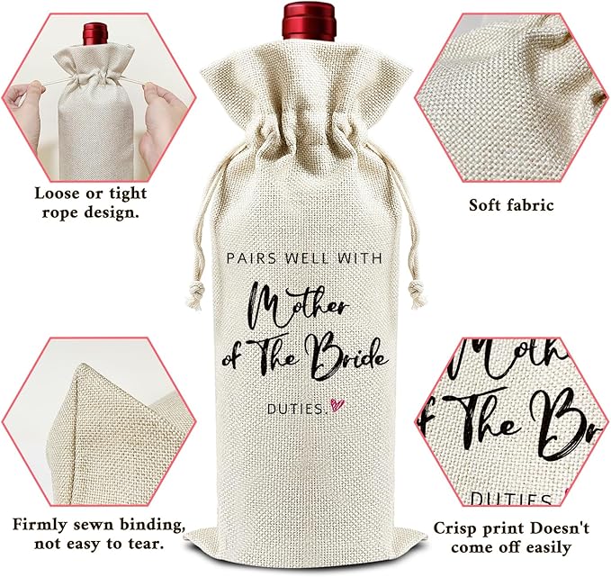 Pairs Well with Mother of the Bride Duties - Gifts for Bride's Mother Wine Bags, 1 PC Reusable Drawstring Burlap Wine Bottle Bags, Wedding Gifts for Mom, Wedding Party Favors -41