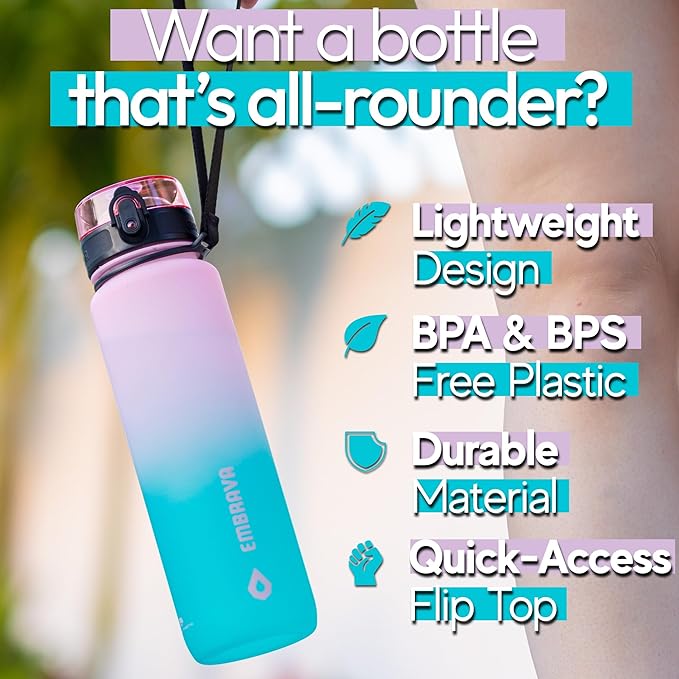 Embrava Sports Water Bottle - 32oz Large - Fast Flow Quick Sip Lid - BPA & BPS Free - Leakproof, Flip Top - Lightweight & Sturdy Tritan Plastic - Strainer for Fruit & Ice