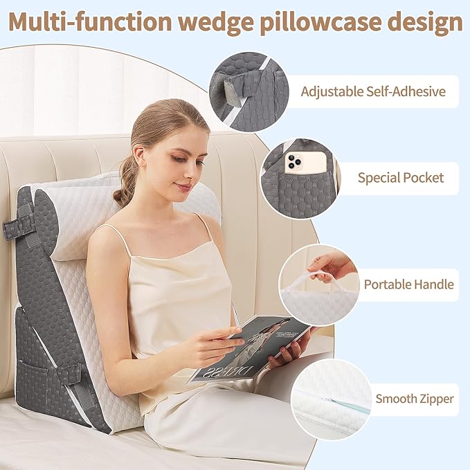 Wedge Pillow for Sleeping, 3PCS Bed Pillow for Side Sleeping, L29 x H22 Body Pillow with Memory Foam, Dark Grey