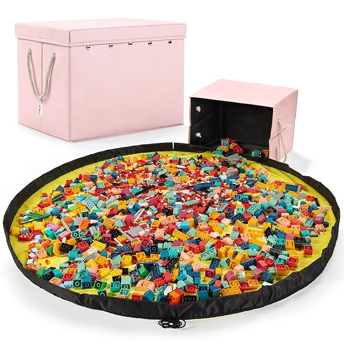 Toy Storage Organizer and Play Mat for Kids - Foldable Organizer Storage Bins with Lids - Detachable Mat Storage Bag Kids Toy Box for Boys, Girls, Nursery, Playroom, 11.6''x11.6''x15.5''(Pink)