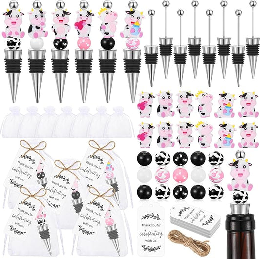 Gisafai 24 Set Cow Beadable Wine Stoppers Baby Shower Wedding Favors for Guests Decorative Beaded Wine Bottle Stopper with Cow Beads Organza Bag Tag for Wedding Cow Party Favor Souvenirs Gifts