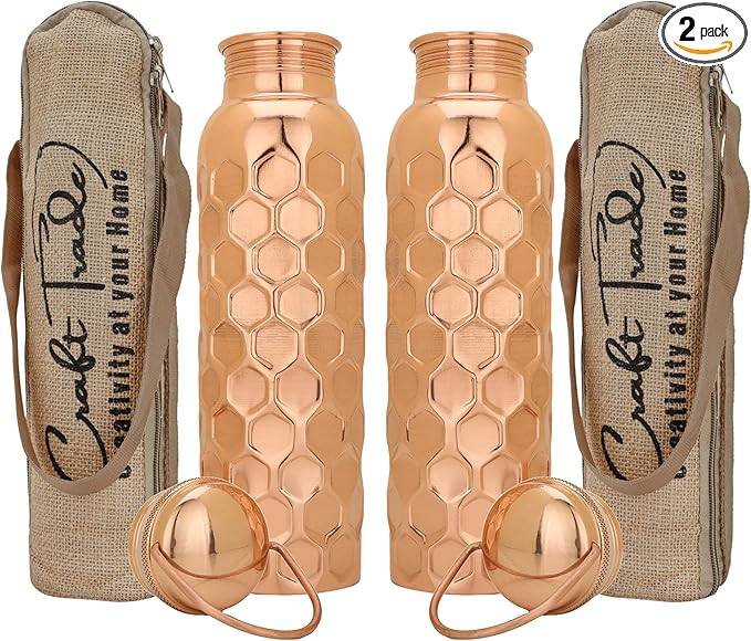 Craft Trade Copper Ayurveda Copper Water Bottle for Drinking 34 oz Set Of 2 Antique Diamond Pure Bottle with Handle Travel Bottle for Gym, Office, Hiking, Outdoor Ayurvedic Hammered Water Vessel
