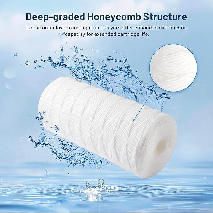 Whole House Water Filter Cartridge Replacement for Well Water, 5 Micron Water Filter 10" x 4.5" String Wound Sediment Water Filter Compatible with PSE1800, PC40, SWC-45-1005, WP5BB97P - 3 Pack