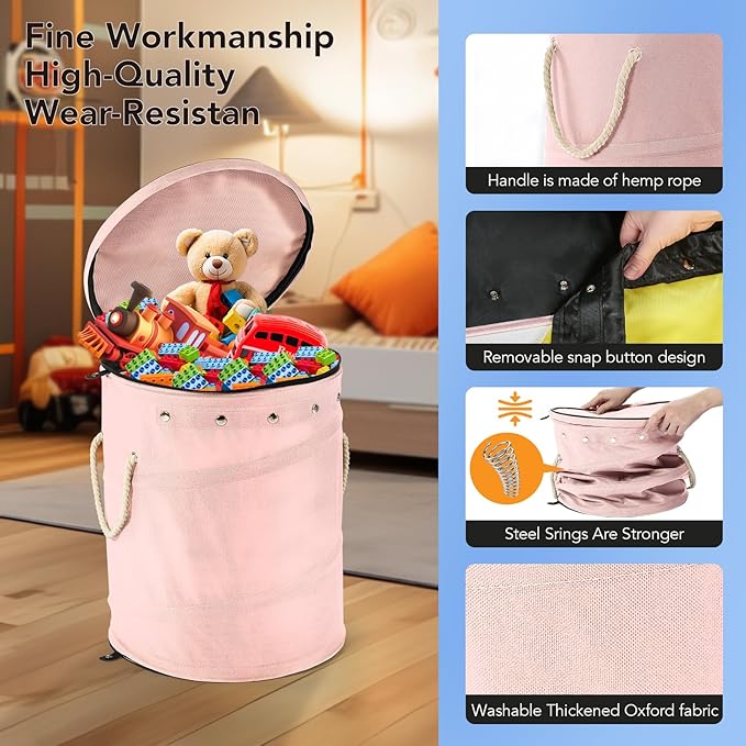 Toy Storage Basket + Play Mat for Kids Toy Chest Organizer Kids Toy Storage Organizer Foldable Big Storage Bins with Lids Large Toy Box for Boys Girls Toy Holders for Kids Rooms Nursery(Pink)