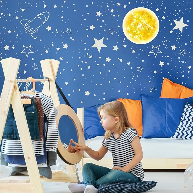 965 PCS Glow in The Dark Stars and Sun for Ceiling, Luminous Stars and Planet Wall Decals, Kids Room Decor, Glowing Galaxy Wall Stickers for Nursery Decorations (Blue)