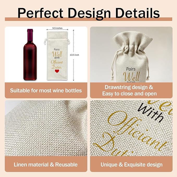 bxtala Officiant Gifts for Wedding Day Wine Gift Bags, Officiant Gifts from Bride Groom, 1pcs Well with Officiant Reusable Burlap Wine Gifts Bags for Wine Bottles, Wedding Engagement Party Favor -10