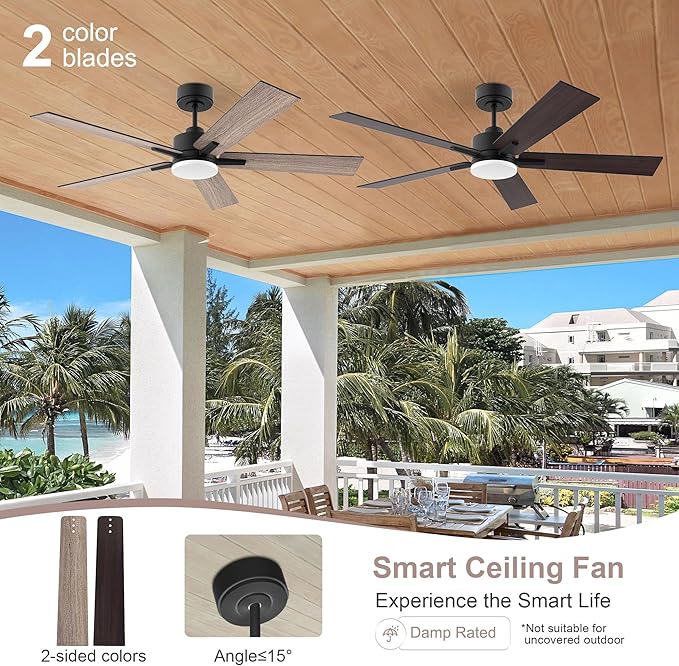 52” Smart Ceiling Fan with Lights Remote,Ultra Silent DC Motor,Control via Alexa Google Voice App Wifi,Outdoor Indoor Modern Ceiling Fans for Bedroom Patio Porch,Dimmable,Black Walnut Brown