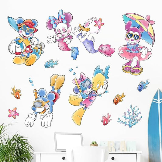 Mfault Summer Cartoon Mouse Wall Decal Stickers, Under The Sea Duck Mermaid Fish Coastal Ocean Nursery Decoration Bedroom Art, Beach Nautical Coral Neutral Toddler Kids Baby Room Decor