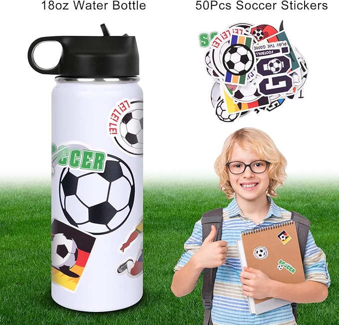 Soccer Gifts for Boys Girls 8-12,Soccer Water Bottles and 50PCS Stickers Dirp Stuff for Kid Player Lovers(18OZ)