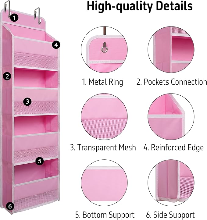Heavy Duty Over Door Organizer, Hanging Organizer Storage with 4 Large Capacity Pockets, Closet Bathroom Nursery Bedroom Dorm, Toys Cosmetics Sundries and Baby Essentials, Pink