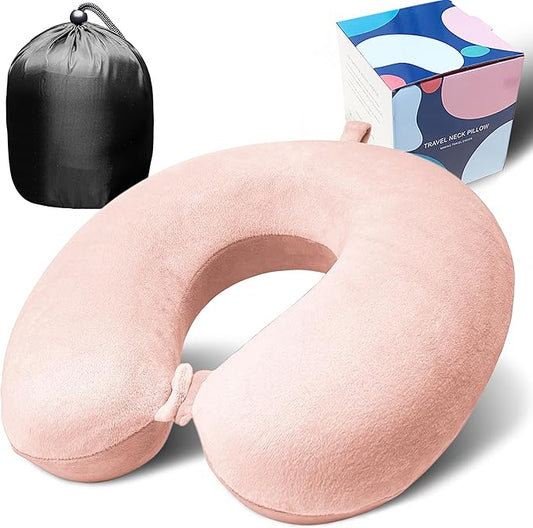 Neck Pillow for Airplane Travel, 100% Pure Memory Foam Travel Neck Pillow for Sleeping & Travel Essentials for Neck Rest, Pink, Pack with Box