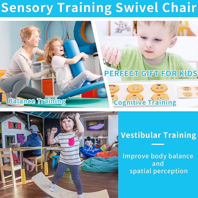 Sensory Chair for Kids, Spinning Chair for Autistic Kids, ADHD Swivel Chair Training Body Coordination, Metal Base Non-Slip Indoor and Outdoor Activity Toys (Blue)