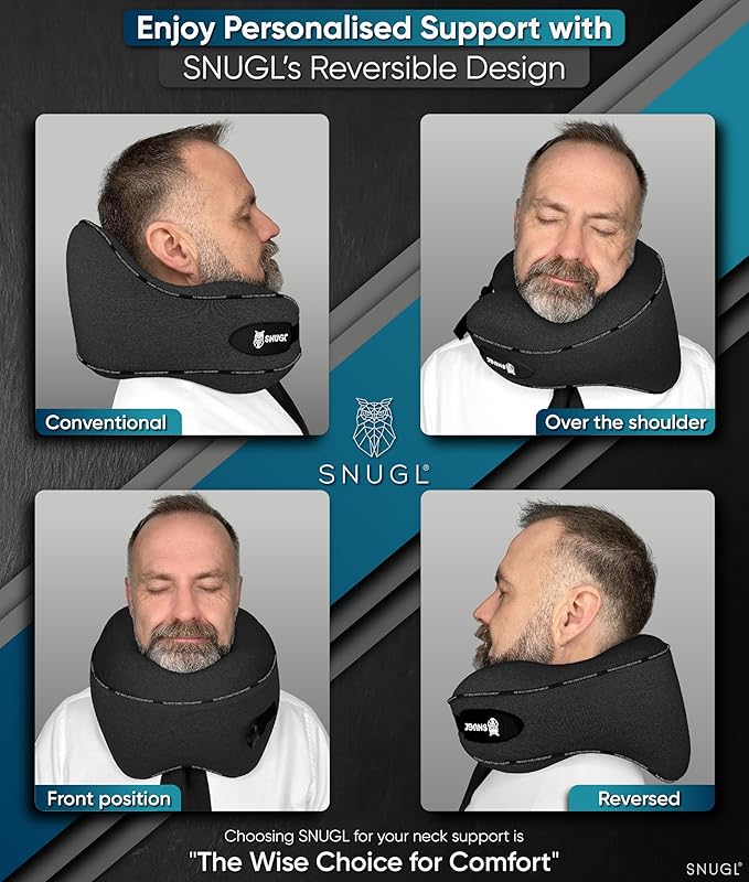 SNUGL Neck Travel Pillow - Memory Foam Airplane Pillow - Flight Pillow | Neck Support Travel Pillow with Carry Bag & Clip | Neck Pillows for Sleeping Travel Plane | Flying Travel Essentials - Black