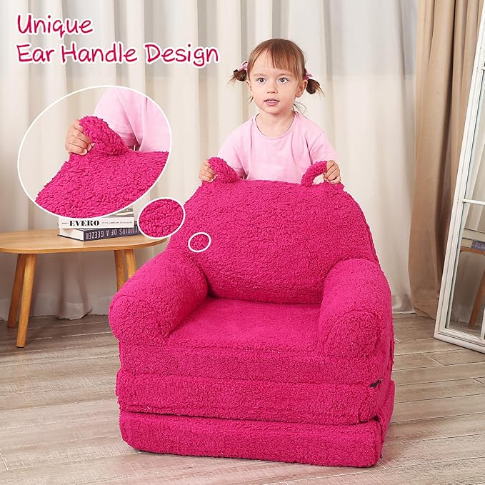 Foldable Kids Sofa, Sherpa Pink Teddy Bear Toddler Couch with Tri Folding Foam Cushions, Comfy Kids Couch for Kids Age 3-6