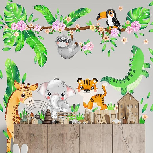 Safari Animal Wall Decals for Kids by Lipastick - Jungle Animal Wall Stickers for Kids Baby Girl Boy Room - Creative Nursery Vinyl Wall Decal - Elephant Giraffe Crocodile Parrot Koala S Size