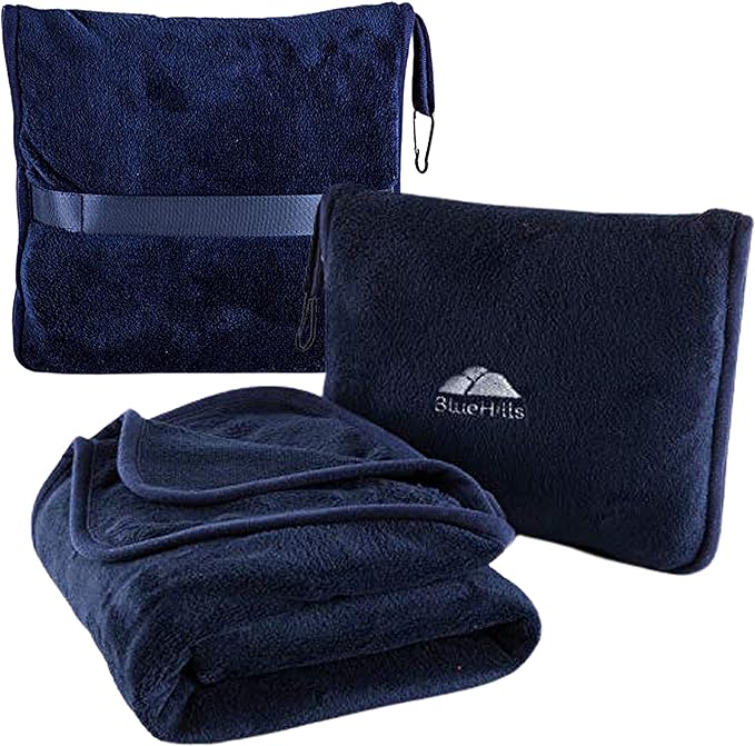 BlueHills Premium Soft Travel Blanket Pillow Airplane Blanket Packed in Soft Bag Pillowcase with Hand Luggage Belt and Backpack Clip, Compact Pack Large Blanket for Any Travel (Navy Blue T002)