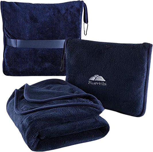 BlueHills Premium Soft Travel Blanket Pillow Airplane Blanket Packed in Soft Bag Pillowcase with Hand Luggage Belt and Backpack Clip, Compact Pack Large Blanket for Any Travel (Navy Blue T002)