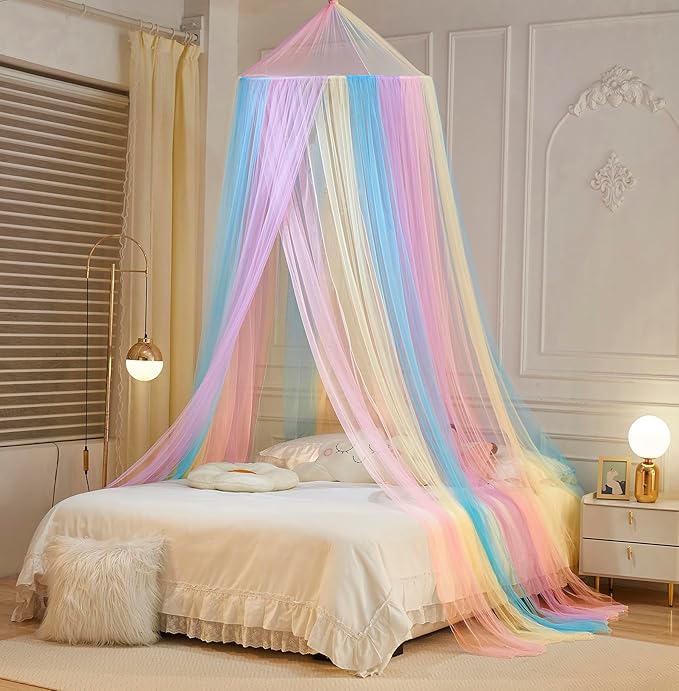 Mengersi Bed Canopy with Lights,Princess Bed Canopy Canopy Bed Curtains for Girls Room,Mosquito Netting Canopy Reading Corners Room Decor for Girls (Rainbow)