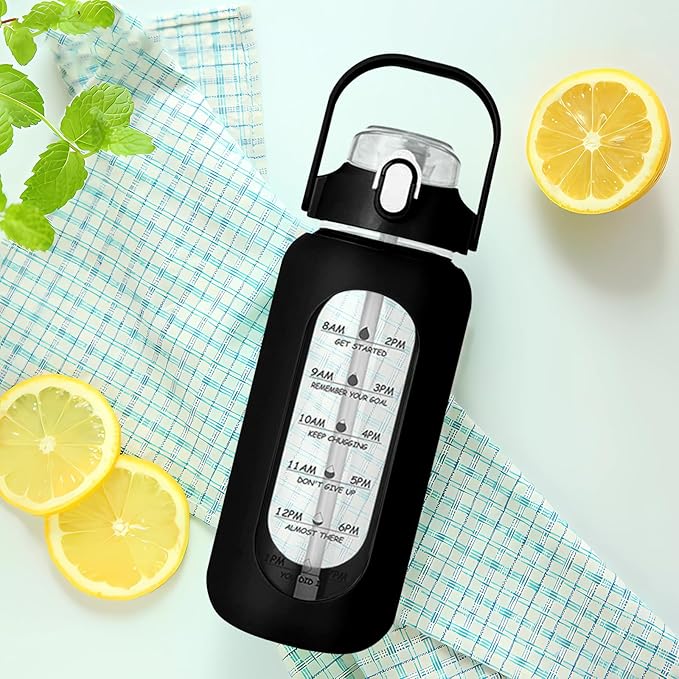 64oz Glass Water Bottle with Straw - Half Gallon Large Motivational Water Bottle with Silicone Sleeve Time Marker, Ideal for Gym, Sports, Workouts, Daily