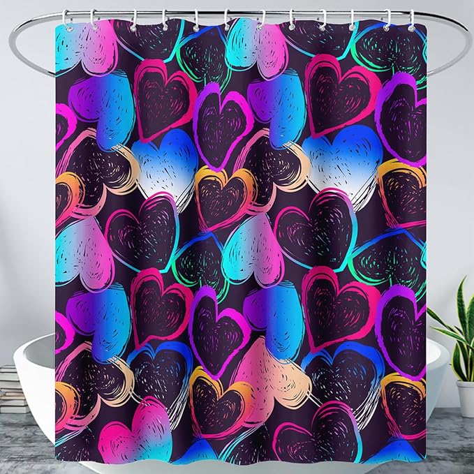 AILONEN Hearts Shower Curtain for Bathroom, Colorful Hearts Love Theme Bath Curtain for Kids Girls Women,Abstract Hearts Print Black Shower Curtain Waterproof with 12 Plastic Hooks, 36" W*72" H